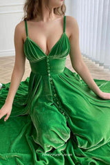 Green Velvet Charming High Waist A-line Fashion Party Dresses, CP0739