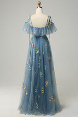 A-Line V-Neck Spaghetti Straps Embroidery Grey Blue Long Prom Dress with Slit Sexy