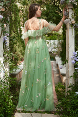 A-Line V-Neck Spaghetti Straps Embroidery Grey Blue Long Prom Dress with Slit Sexy