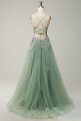 A Line Spaghetti Straps Grey Blue Long Prom Dress with Appliques Sexy