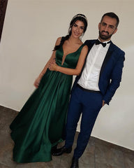 Long Satin V-neck Prom Dresses Backless Evening Gowns