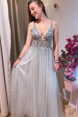 Grey Beaded Plunge A-line Deep V Neck Long Formal Prom Dress TP1145