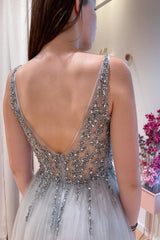 Grey Beaded Plunge A-line Deep V Neck Long Formal Prom Dress TP1145