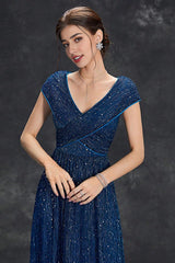 Grey Blue A-Line V-Neck Long Maxi Mother of the Bride Dress With Pleated