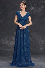 Grey Blue A-Line V-Neck Long Maxi Mother of the Bride Dress With Pleated