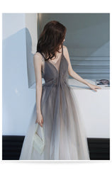 Grey Gradient Tulle V-neckline Backless Sexy Formal Dress, Long Evening Dress Party Dresses