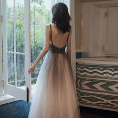 Grey Gradient Tulle V-neckline Backless Sexy Formal Dress, Long Evening Dress Party Dresses