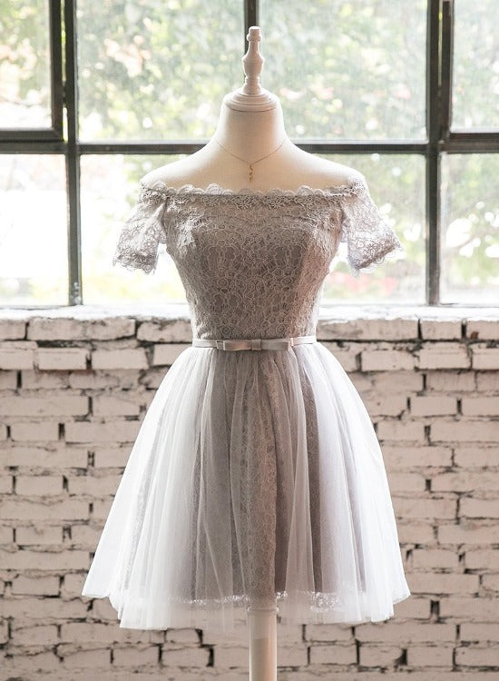 Grey Lace Tulle Short Sleeves Homecoming Dress Party Dress, Light Grey Formal Dresses