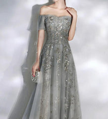 Grey Off Shoulder Lace and Tulle Long Evening Dresses Party Dresses, Off Shoulder Prom Dresses