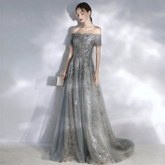 Grey Off Shoulder Lace and Tulle Long Evening Dresses Party Dresses, Off Shoulder Prom Dresses
