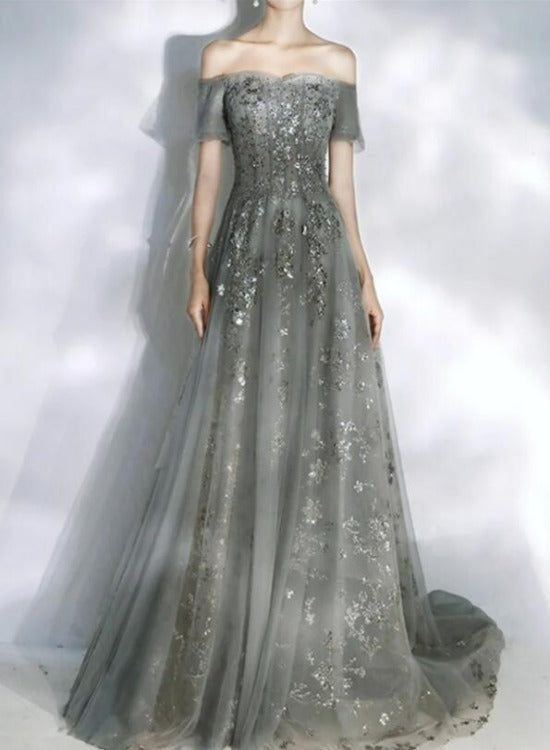 Grey Off Shoulder Lace and Tulle Long Evening Dresses Party Dresses, Off Shoulder Prom Dresses