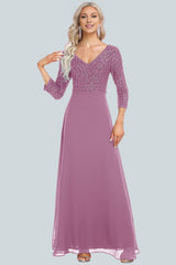 Women's Chiffon Double V-neck A-line Sequin Splicing Mother of the Bride Dress