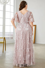 Plus Size A-Line V-Neck Embroidered Prom Dress
