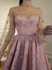 Grey Tulle Long Sleeves Star Homecoming Dress, Short Party Dresses HD0036