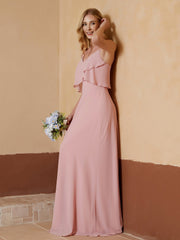 V-neck Spaghetti Straps Ruffles Chiffon A-line Dress Dusty Rose