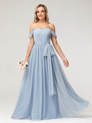 Princess Off Shoulder Tulle Dresses with Sash Bow-Dusty Blue