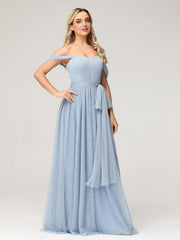 Princess Off Shoulder Tulle Dresses with Sash Bow-Dusty Blue