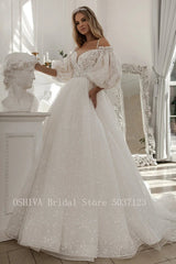 Princess Applique Lace Wedding Dresses Puff Sleeve Ball Gown