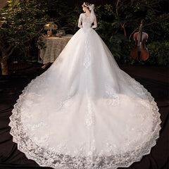 Luxury Big Sweep Train Wedding Dress Plus Size Lace Gown