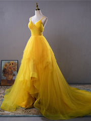 Yellow v neck tulle long prom dress high low long yellow graduation dress