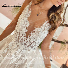 Sexy A-Line Backless Wedding Dress Customized Lace Applique Tulle Gowns