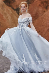 Off the Shoulder Short Sleeves Lace Applique A-line Wedding Dress