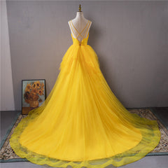 Yellow V-neckline Straps Tulle Beaded Long Party Dress, Yellow Formal Dress Prom Dress
