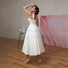 Short Wedding Dress Customized Civil Dresses Sexy Sweetheart Simple Bridal Gowns Mid-Calf Satin Backless