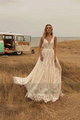 DREAM Customized Lace Boho Wedding Dresses V Neck Backless Gown