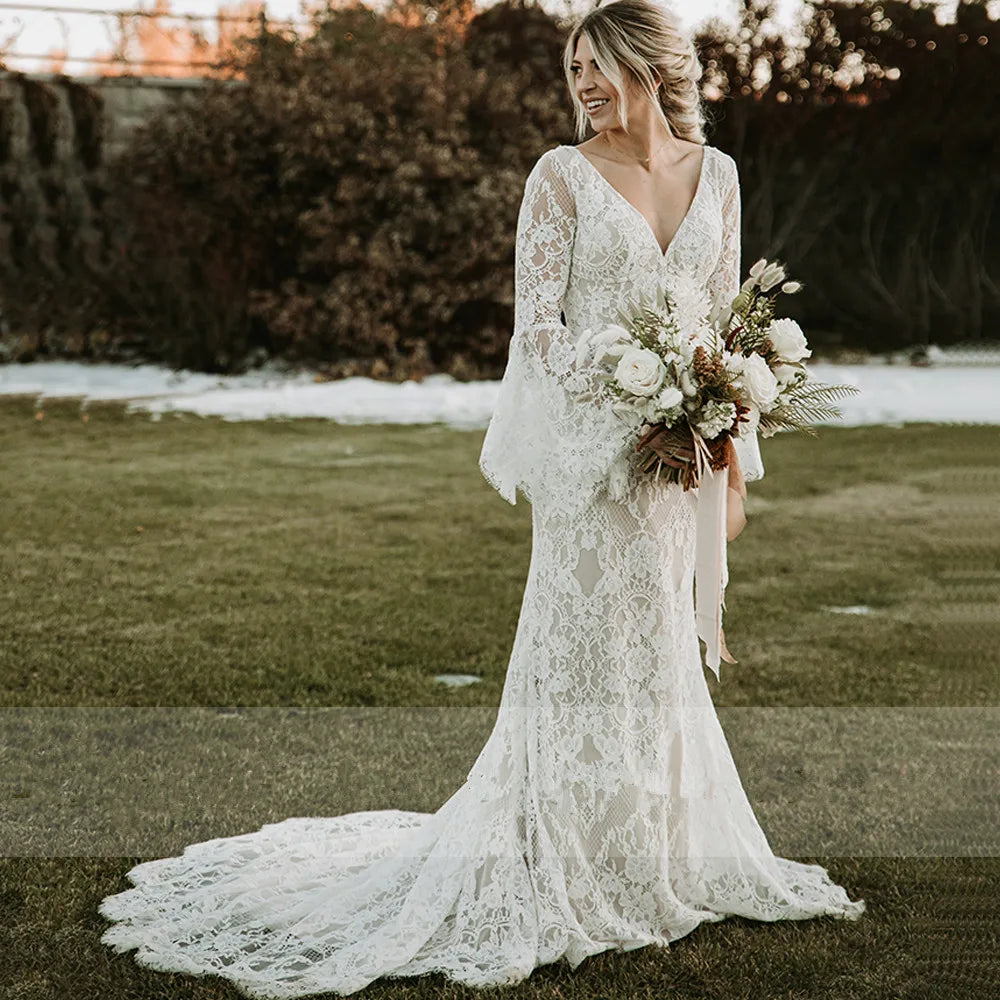 Customized Boho Lace Long Wedding Dress Mermaid Flare Bridal Gowns Elegant Vintage Bride Dresses