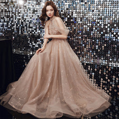 Champagne Tulle Haler Beaded Shiny Long Party Dress, A-line Prom Dress Evening Dress