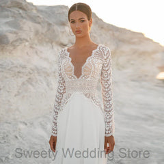 Customized Sexy Long Sleeves Bohemian Lace Bridal Gown