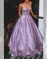 A Line Spaghetti Strap Pink Glitter Metallic Prom Dresses With Pockets