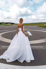 Customized Boat Neck Detachable Puff Sleeve A-Line Wedding Dresses