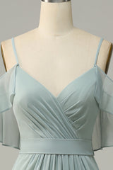 Dusty Sage Cold Shoulder A Line Long Bridesmaid Dress