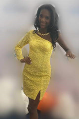 One Shoulder Sequined Homecoming Dress Hot Pink Long Sleeve