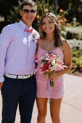 Spaghetti Straps Pink Sequins Bodycon Homecoming Dress
