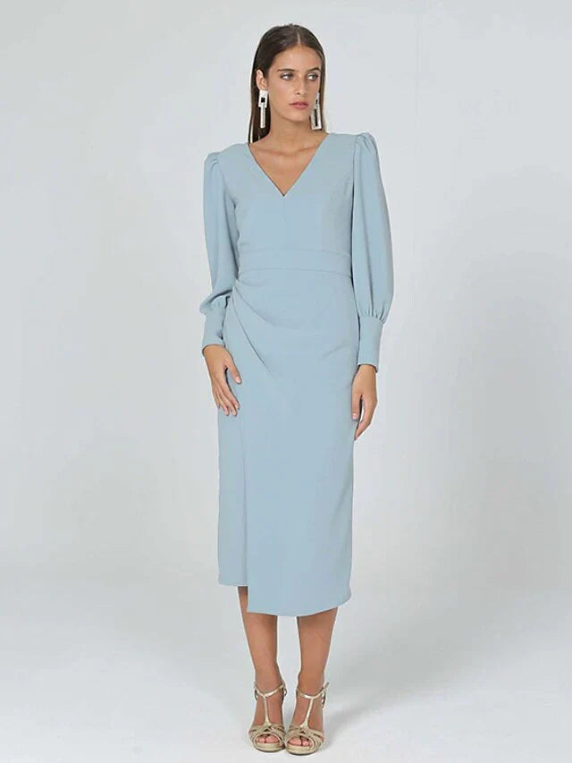Mother of the Bride Dress Elegant V Neck Tea Length Stretch Fabric Long Sleeve with Ruching