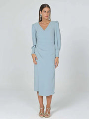 Mother of the Bride Dress Elegant V Neck Tea Length Stretch Fabric Long Sleeve with Ruching