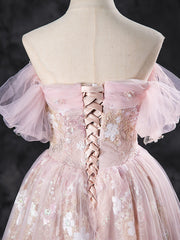 A-Line Off Shoulder Pink Long Prom Dress Sweet 16 Dress Floor Length Beautiful