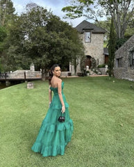 Aimishang Green A-Line Off Shoulder Strapless Tiered Long Prom Dress Party Dress