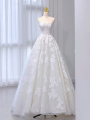 A-Line Tulle Lace ivory Long Prom Dress Formal Dress Off Shoulder Wedding Dress