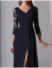 A-Line Mother of the Bride Dress Formal Wedding Guest Party Elegant V Neck Floor Length Lace Stretch Chiffon 3/4 Length Sleeve with Appliques And Split