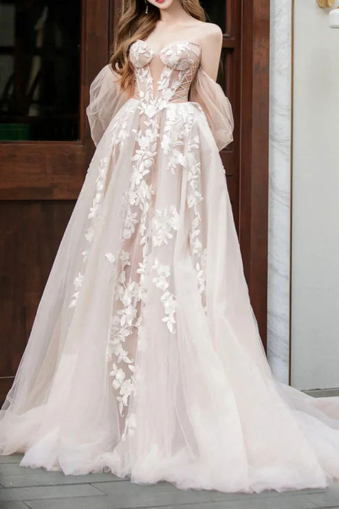 Champagne Lace Long A-Line Ball Gown Off Shoulder Wedding Dress Beautiful