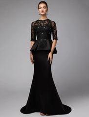 Mermaid / Trumpet Mother of the Bride Dress Sexy See Through Jewel Neck Sweep / Brush Train Satin Lace Half Sleeve with Beading Appliques Elegant