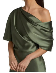 Sheath / Column Mother of the Bride Dress Wedding Guest Elegant Party Off Shoulder Sweep / Brush Train Satin Half Sleeve with Ruching Solid Color