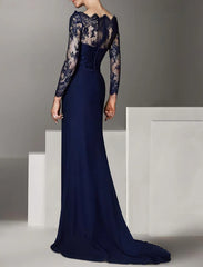 Mermaid / Trumpet Mother of the Bride Dress Formal Wedding Guest Elegant Off Shoulder Floor Length Lace Stretch Chiffon Long Sleeve with Lace