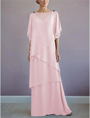 A-Line Mother of the Bride Dress Formal Wedding Guest Elegant Bateau Neck Floor Length Chiffon Half Sleeve with Ruffles