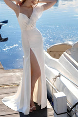White Prom Dress V Neck Sheath/Column Evening Dress With Slit Sexy Formal Dress