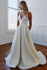 A-Line V-Neck White Long Wedding Dress with Bow-Knot Sexy